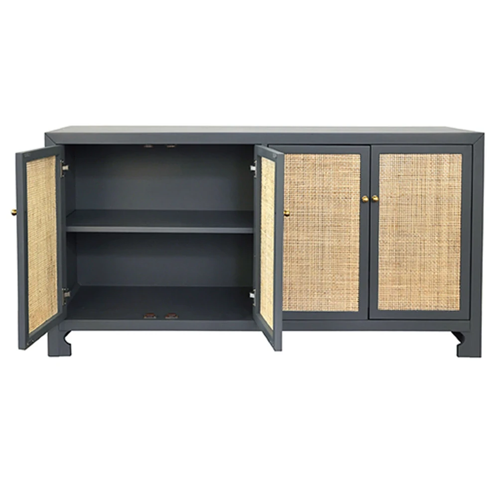 Gray cabinet with four doors made of wood and rattan, with two doors open