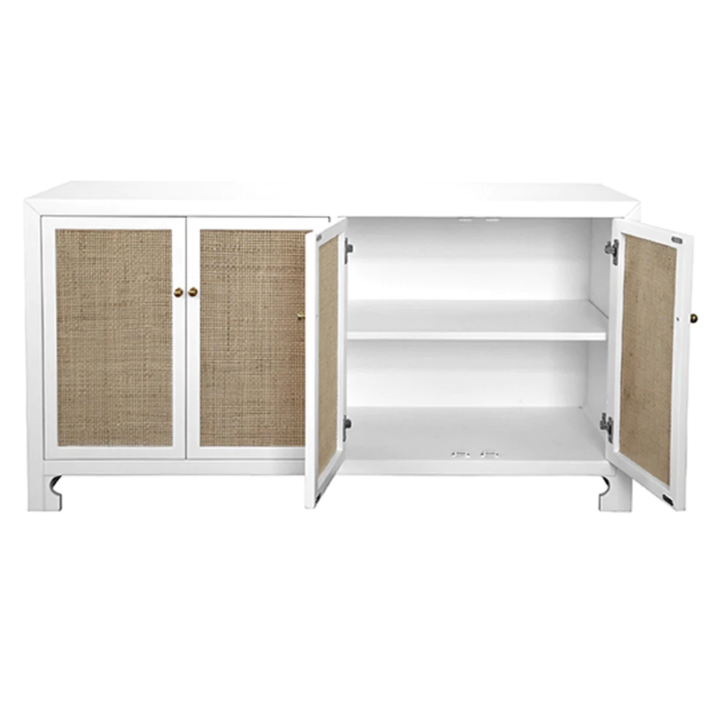 White cabinet with open doors, showing two shelves inside.