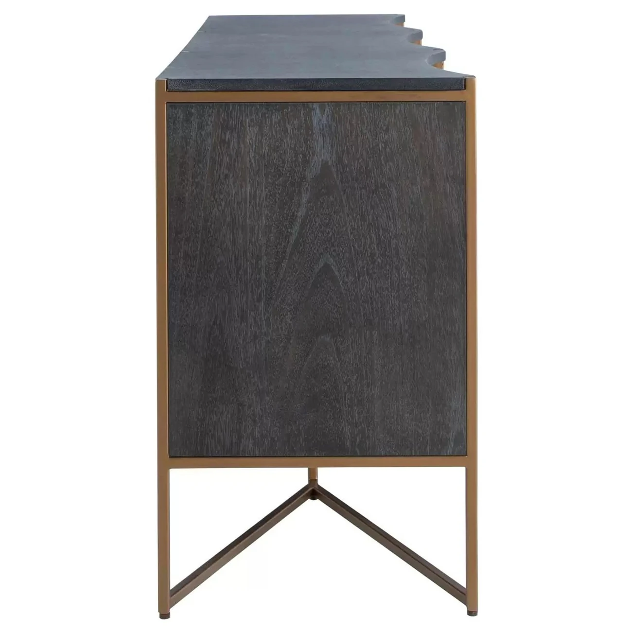 Curved edge detail of the corner panel with a textured surface and gold frame support.