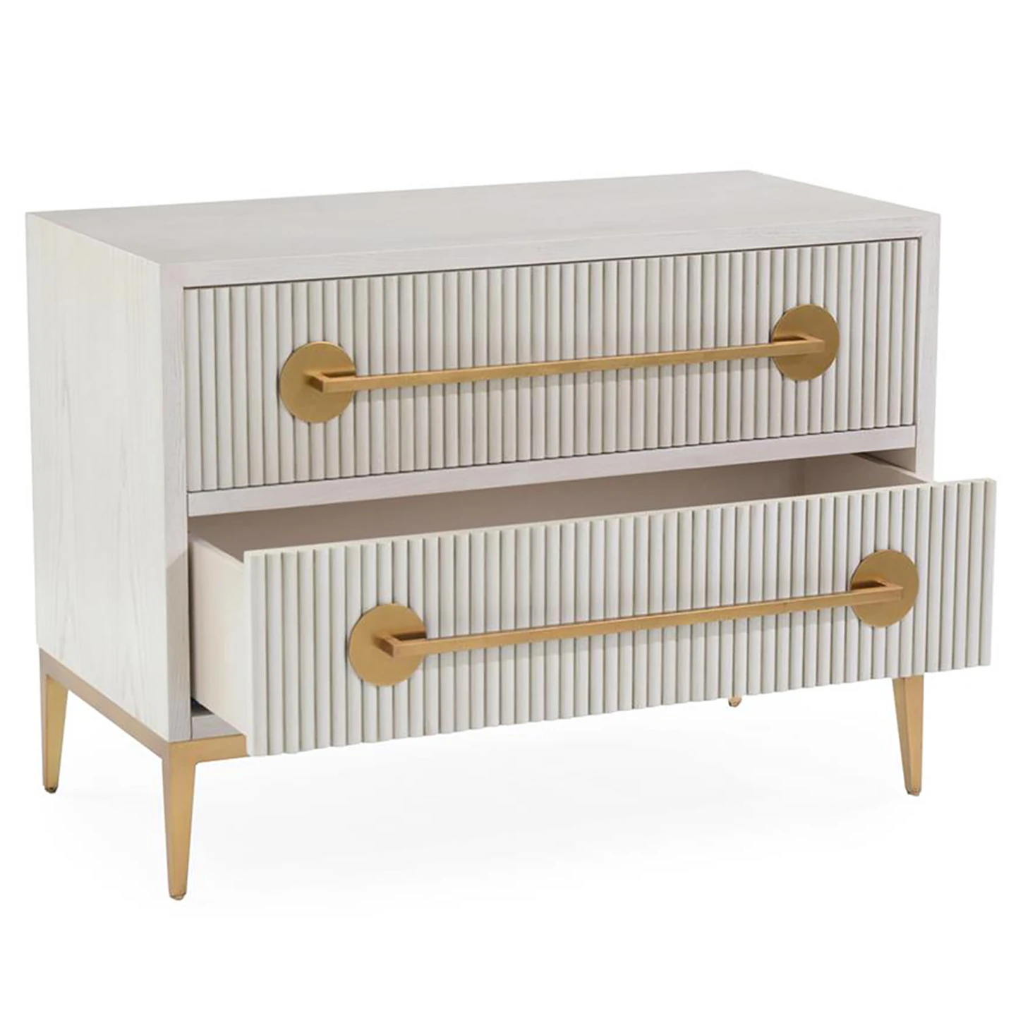 a white and gold dresser with one drawer open