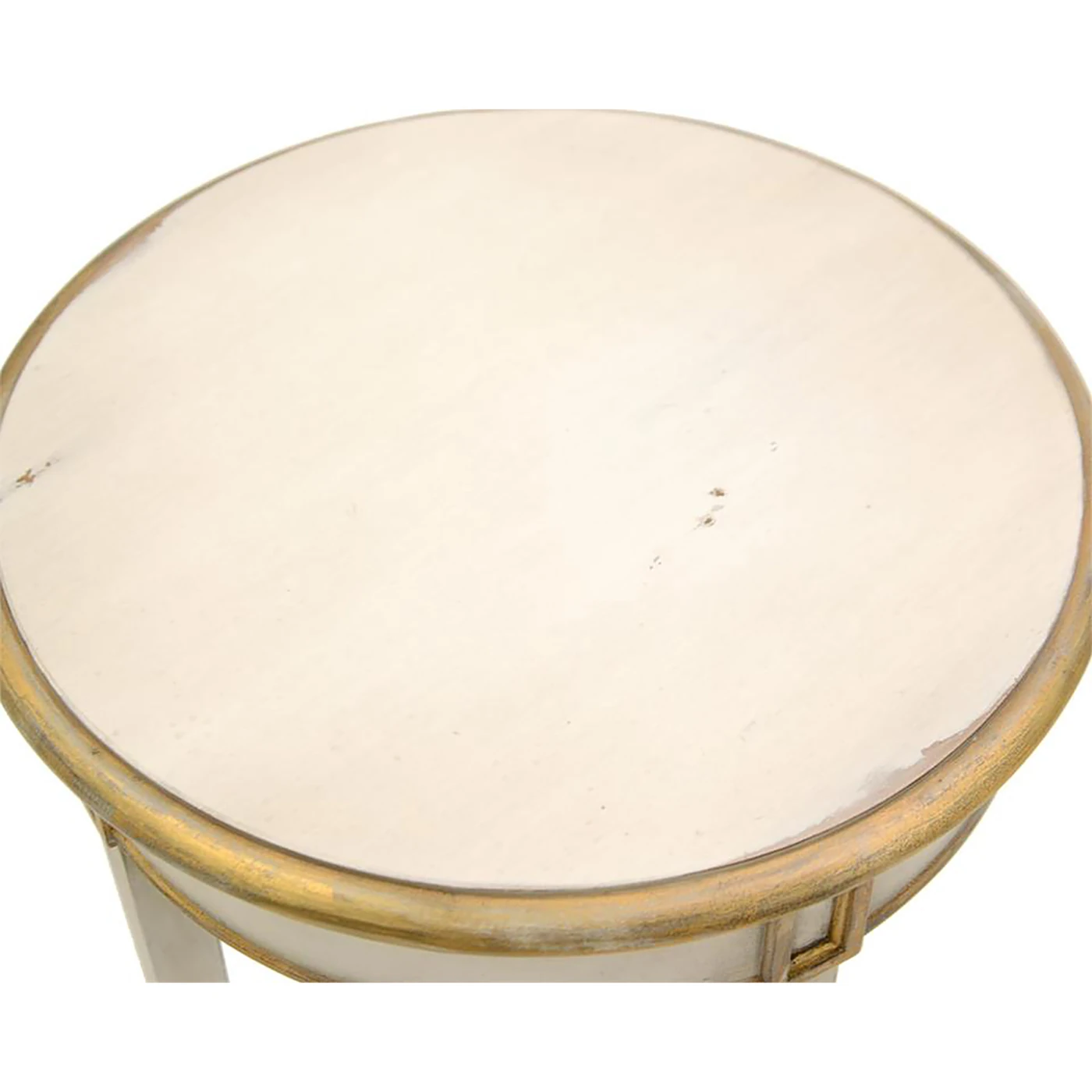 A top-down view of the side table, highlighting its round surface and gold trim.