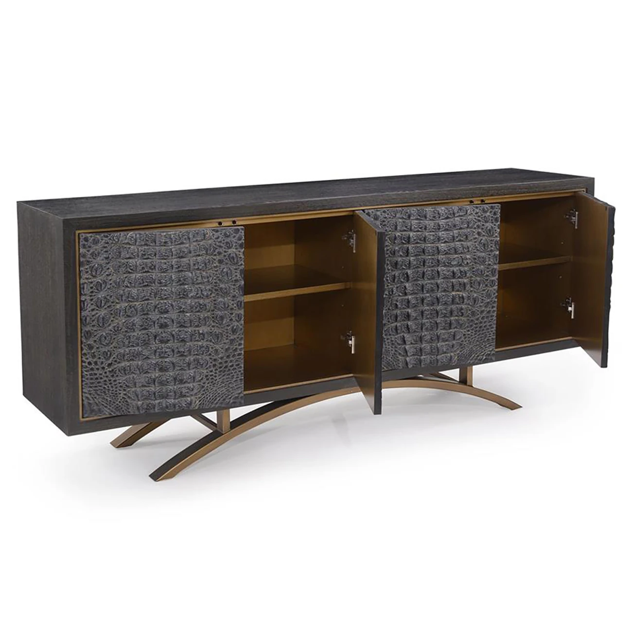 Close-up of the crocodile-textured cabinet surface showing detailed pattern and gold accent lines.
