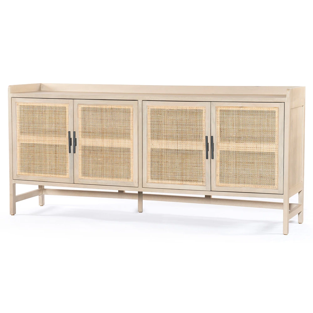 Close-up of the cabinet detail showing woven cane panels and rounded edge on the wood frame.