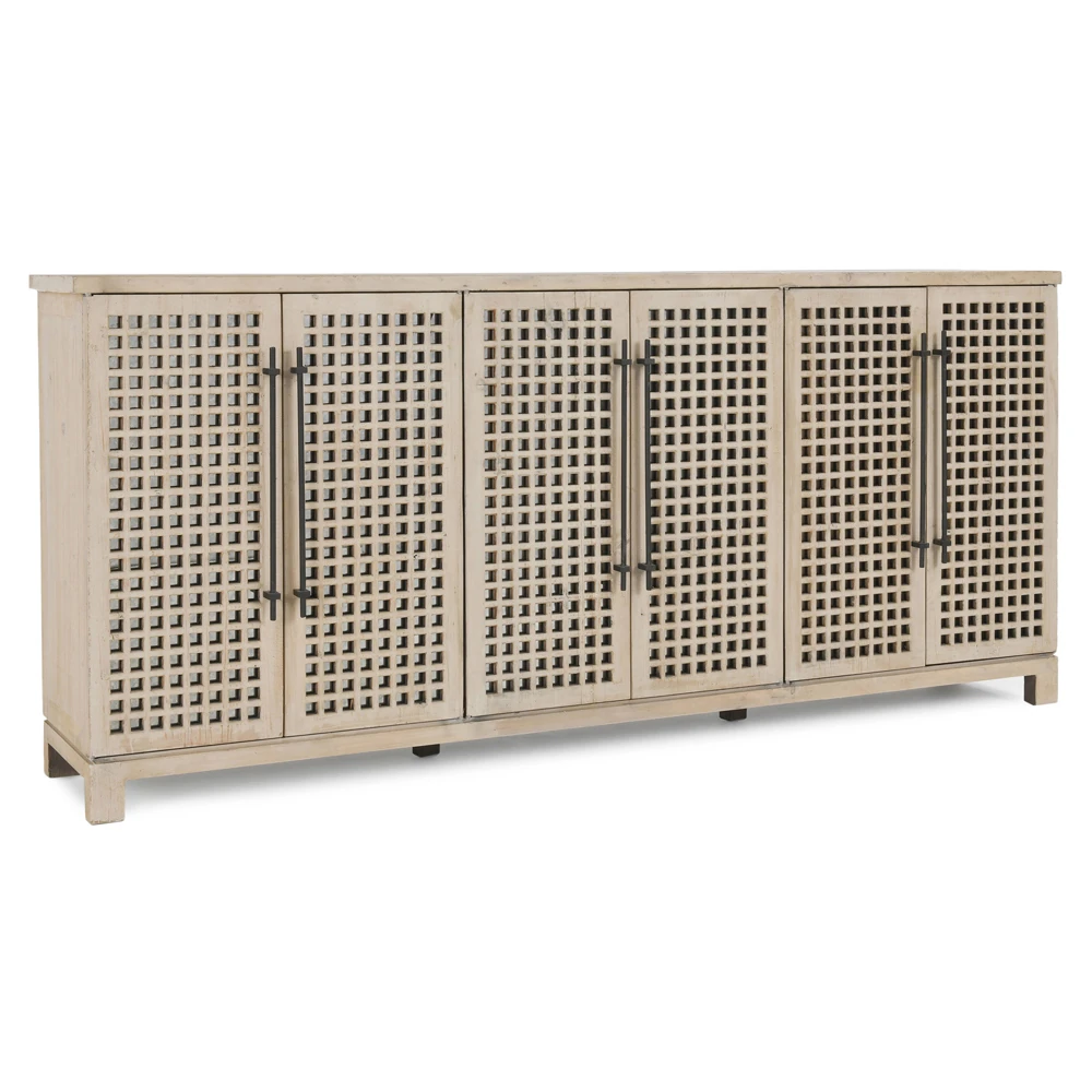 Close-up of sideboard base and lattice door detail showing texture and alignment.
