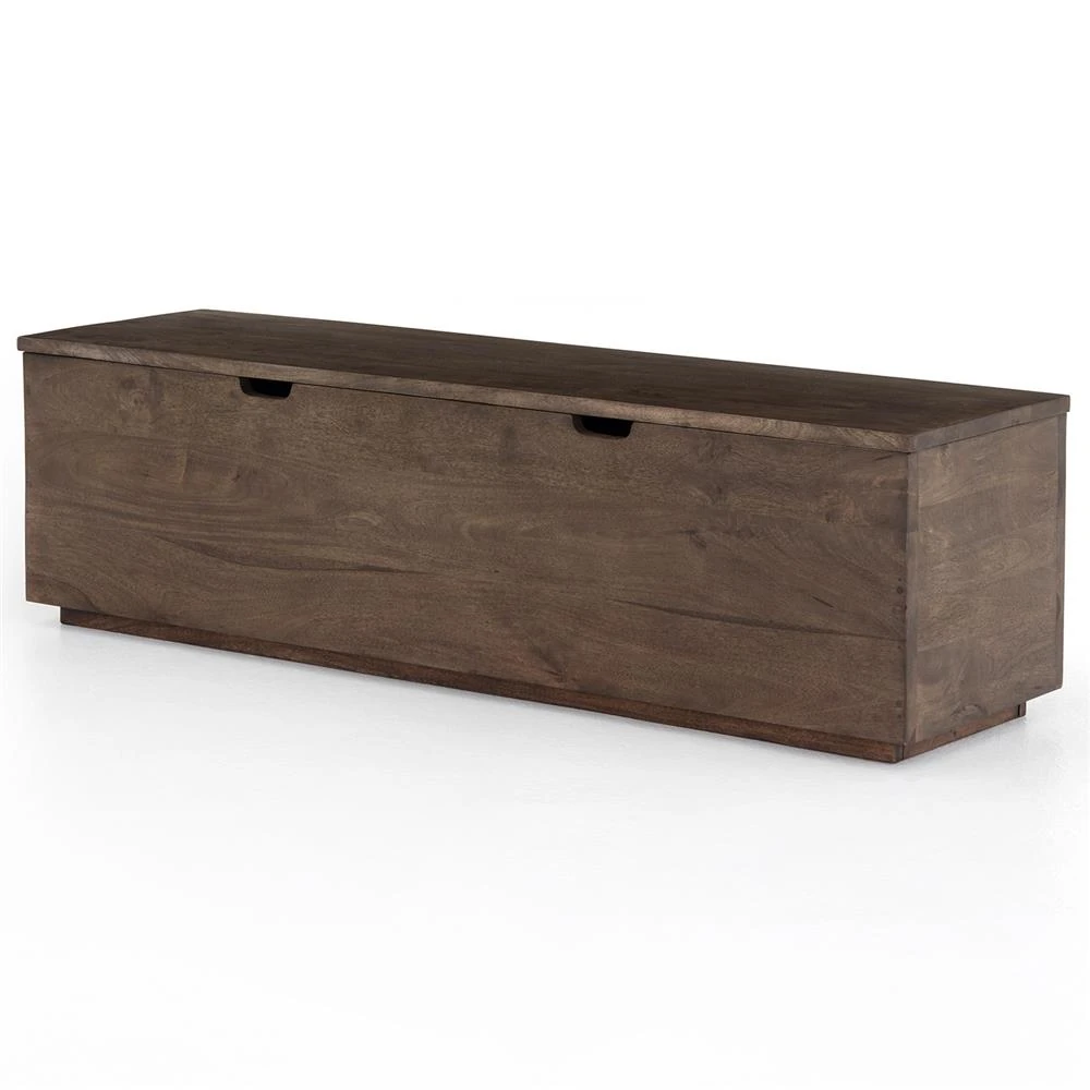 Open front storage chest showing interior space and lift-up lid with hinge mechanism, made of dark wood with a smooth finish.