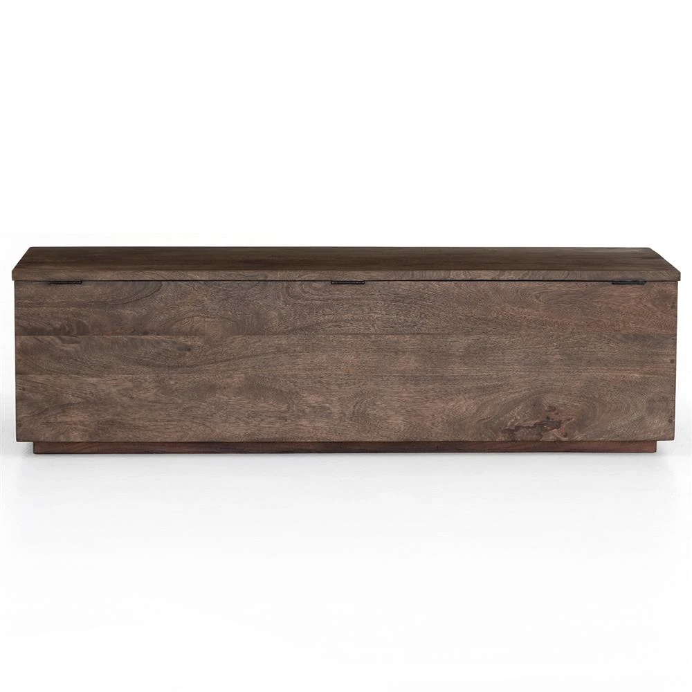 Close-up of wood grain and texture on the dark brown storage bench top.