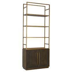 Finn Hollywood Regency Brown Oak Wood Gold Iron 4 Tier Open Back Bookcase|