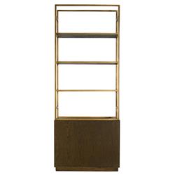 Finn Hollywood Regency Brown Oak Wood Gold Iron 4 Tier Open Back Bookcase|