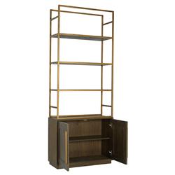 Finn Hollywood Regency Brown Oak Wood Gold Iron 4 Tier Open Back Bookcase|