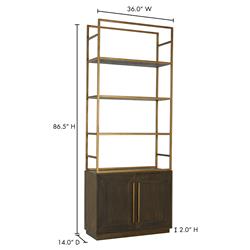 Finn Hollywood Regency Brown Oak Wood Gold Iron 4 Tier Open Back Bookcase|