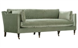 Madeline French Green Upholstered Brown Wood Brass Casters Sofa - Large - 90"W|
