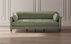 Madeline French Green Upholstered Brown Wood Brass Casters Sofa - Large - 90"W|