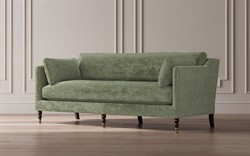 Madeline French Green Upholstered Brown Wood Brass Casters Sofa - Large - 90"W|