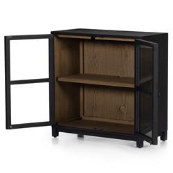Clarence Rustic Lodge Black Solid Oak Wood Clear Glass Media Cabinet|