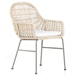 Elena Coastal Beach White Cushion Beige Wicker Iron Frame Outdoor Dining Chair|