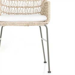 Elena Coastal Beach White Cushion Beige Wicker Iron Frame Outdoor Dining Chair|