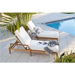 Dahliah Coastal White Cushion Beige Wicker Natural Teak Outdoor Chaise Lounge|
