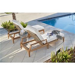 Dahliah Coastal White Cushion Beige Wicker Natural Teak Outdoor Chaise Lounge|