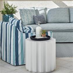 Jenieva French Country White Cast Concrete Round Drum Outdoor Side Table|
