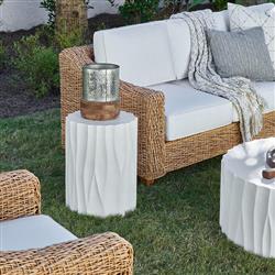 Jenia Coastal Beach White Cast Concrete Round Drum Outdoor Side Table|