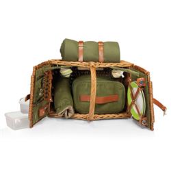 Surset French Brown Willow Green Picnic Basket with Serverware for 2|