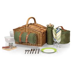 Surset French Brown Willow Green Picnic Basket with Serverware for 2|