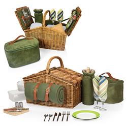 Surset French Brown Willow Green Picnic Basket with Serverware for 2|