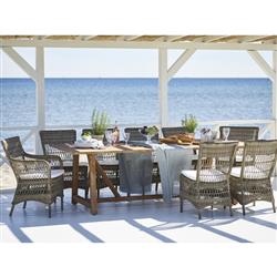 Sienna White Canvas Cushion Brown Faux Rattan Woven Outdoor Dining Arm Chair|