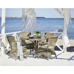 Sienna White Canvas Cushion Brown Faux Rattan Woven Outdoor Dining Arm Chair|