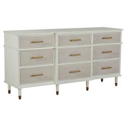 Leona French Parchment White Mahogany Linen Front Tapered Legs 9 Drawer Dresser|