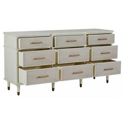 Leona French Parchment White Mahogany Linen Front Tapered Legs 9 Drawer Dresser|