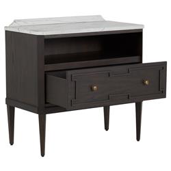 Glenwood French White Marble Top Dark Brown Wood Nightstand|