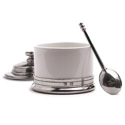 Tuscan French Country White Ceramic Covered Bowl with Spoon|