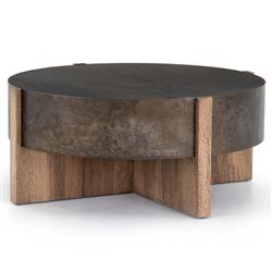 Brandon Rustic Black Iron Top Brown Oak Wood Base Round Coffee Table|