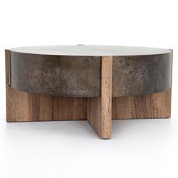 Brandon Rustic Black Iron Top Brown Oak Wood Base Round Coffee Table|