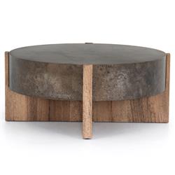 Brandon Rustic Black Iron Top Brown Oak Wood Base Round Coffee Table|