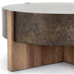 Brandon Rustic Black Iron Top Brown Oak Wood Base Round Coffee Table|