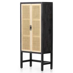 Corazon Coastal Beach Black Mango Wood Natural Cane Door Armoire Cabinet|