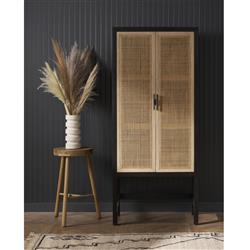 Corazon Coastal Beach Black Mango Wood Natural Cane Door Armoire Cabinet|