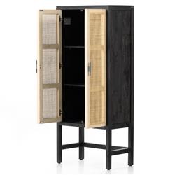 Corazon Coastal Beach Black Mango Wood Natural Cane Door Armoire Cabinet|
