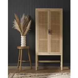 Corazon Coastal Beach Beige Mango Wood Natural Cane Door Armoire Cabinet|