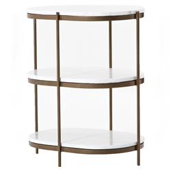 Kian Mid Century White Marble Antique Brass Iron Oval Shelving Side Table|