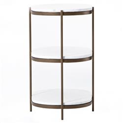 Kian Mid Century White Marble Antique Brass Iron Oval Shelving Side Table|