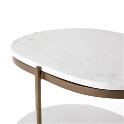 Kian Mid Century White Marble Antique Brass Iron Oval Shelving Side Table|