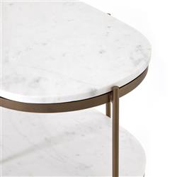 Kian Mid Century White Marble Antique Brass Iron Oval Shelving Side Table|