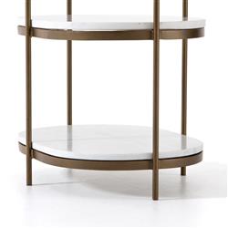 Kian Mid Century White Marble Antique Brass Iron Oval Shelving Side Table|