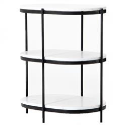 Kian Mid Century White Marble Hammered Grey Iron Oval Shelving Side Table|