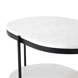 Kian Mid Century White Marble Hammered Grey Iron Oval Shelving Side Table|