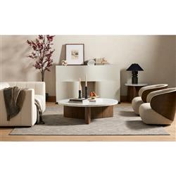 Teddie Rustic Lodge White Marble Top Grey Oak Wood Round Coffee Table|