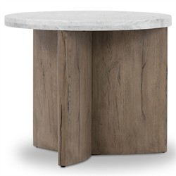 Teddie Rustic Lodge White Marble Top Brown Solid Oak Round End Table|